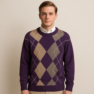 Alexander Julian Argyle Swater Size 2XLT Purple Crewneck 100% Cotton Preppy